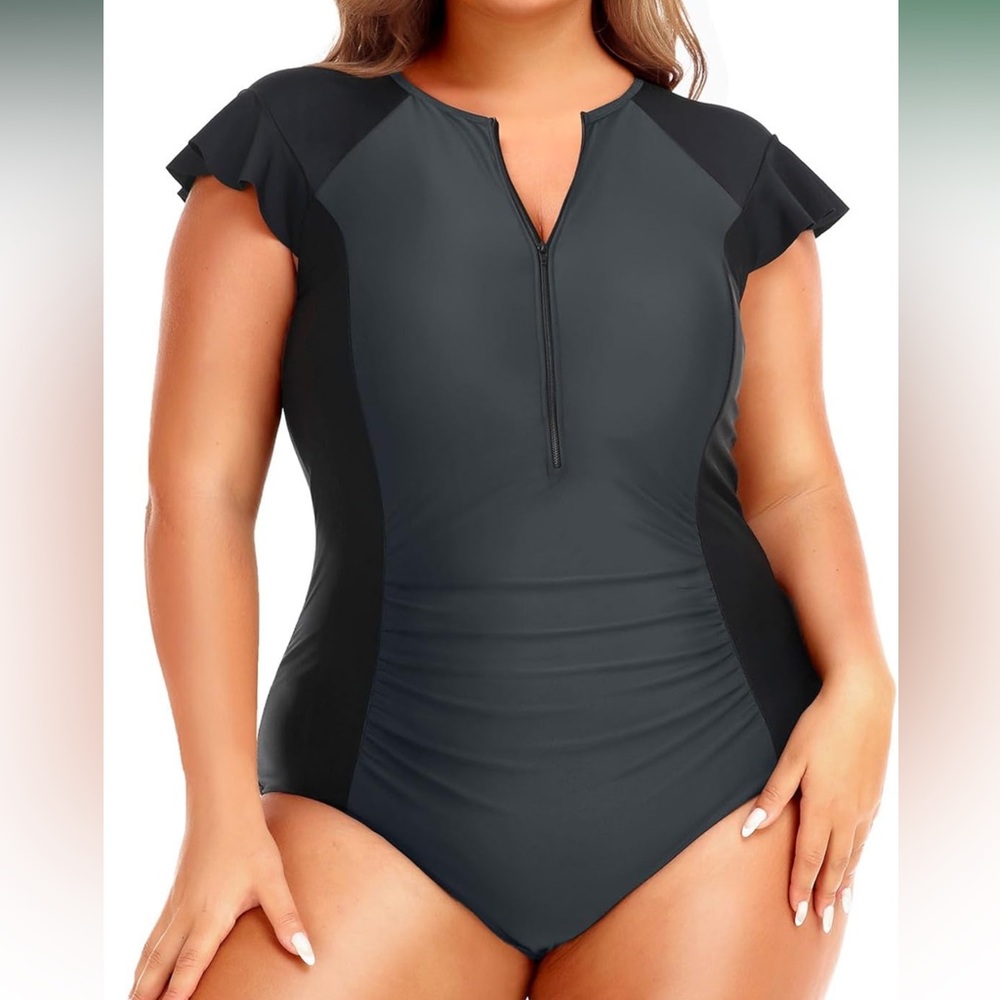 Holipick Womens Plus Size One Piece Tummy Control Cap Sleeves Front Swimsuit